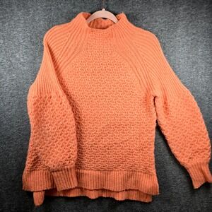 Anthropologie Sweater Women's XS Chunky Knit Neon Orange Funnel Neck‎ Alpaca